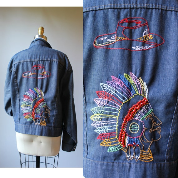Vtg 70s Hand Embroidered Cowboys & Indians Western