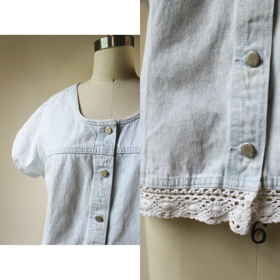 Vintage 80s Bleached Denim Lace Trimmed Prairie J… - image 3