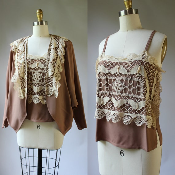 VTG 70s 80s BUTTERFLY LACE Boho 2 Piece Tank Top … - image 1