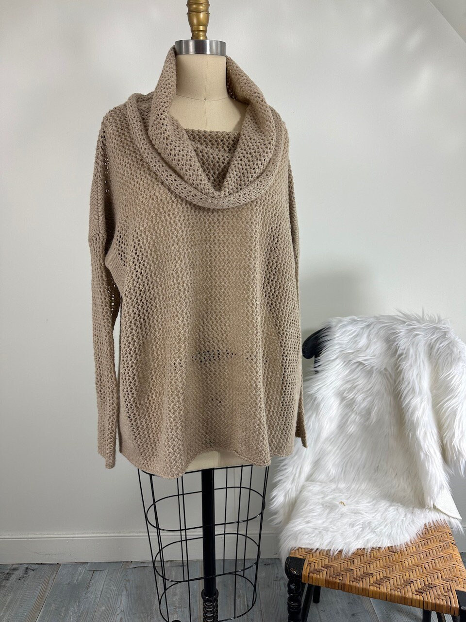 Gorgeous JOAN VASS Beige Cowl Collard Oversized Net Sweater Etsy