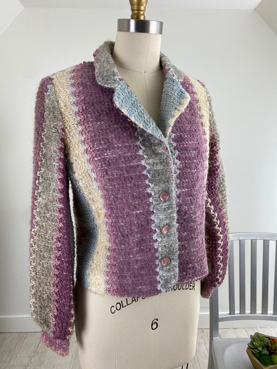 Vtg 80s Cropped Pastel Striped Fuzzy MOHAIR Jacke… - image 2