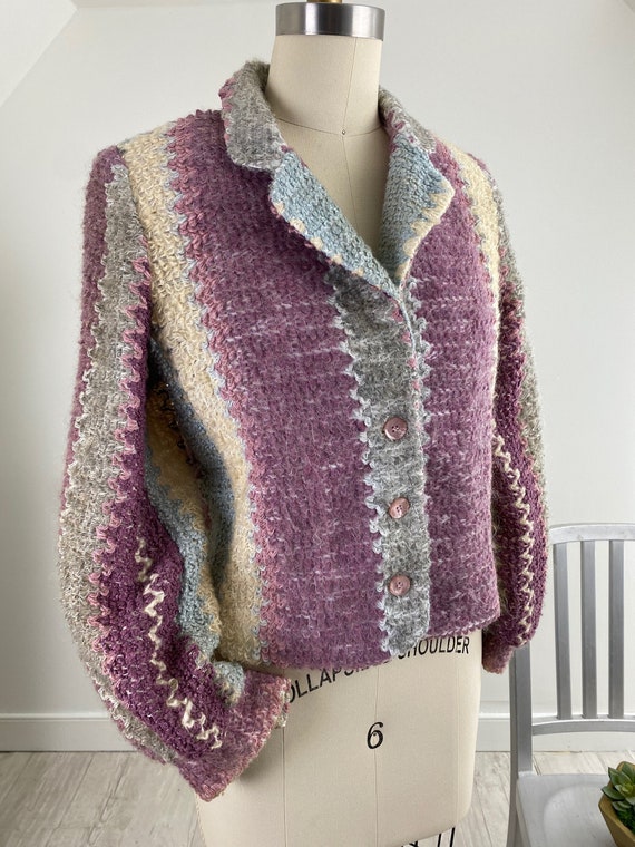 Vtg 80s Cropped Pastel Striped Fuzzy MOHAIR Jacke… - image 1