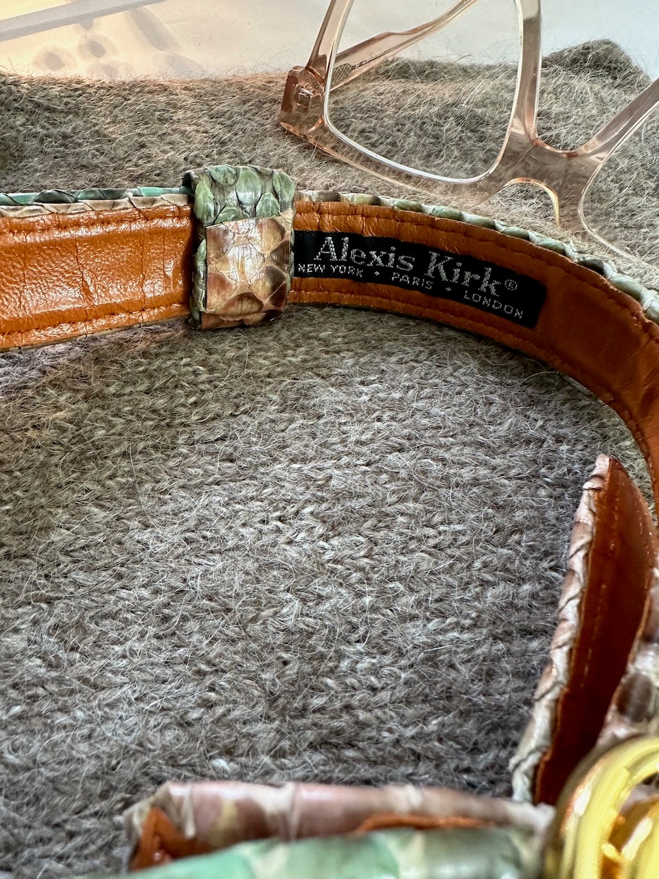 Vintage ALEXIS KIRK Snakeskin Reptile Adjustable Leather Belt Green Beige Vintage Alexis Kirk Snakeskin Leather Embellished Belt - Etsy main image 2