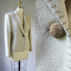 Vintage 90s Raw Silk Oatmeal Tailored Minimalist Blazer Jacket