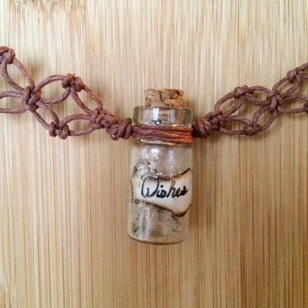 CLEARANCE Emergency Wishes Dandelion Bottle Hemp Necklace // Glass Bottle Charm Dandelion Seed Corked Jar Brown Macrame Hemp Necklace