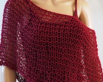 Hand knit poncho in dark red 100% cotton