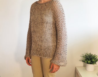 Hand knit linen sweater, open knit sweater, natural color tunic, long sweater, long kimono effect, hand crafted in Italy by Piera Romeo