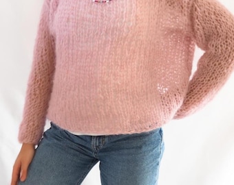 Handmade Mohair Knit Sweater: Pastel Pink Alpaca Blend - One Size