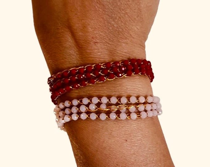 Wrap crochet bracelet with golden thread and red crystals, Textile jewel by Piera Romeo