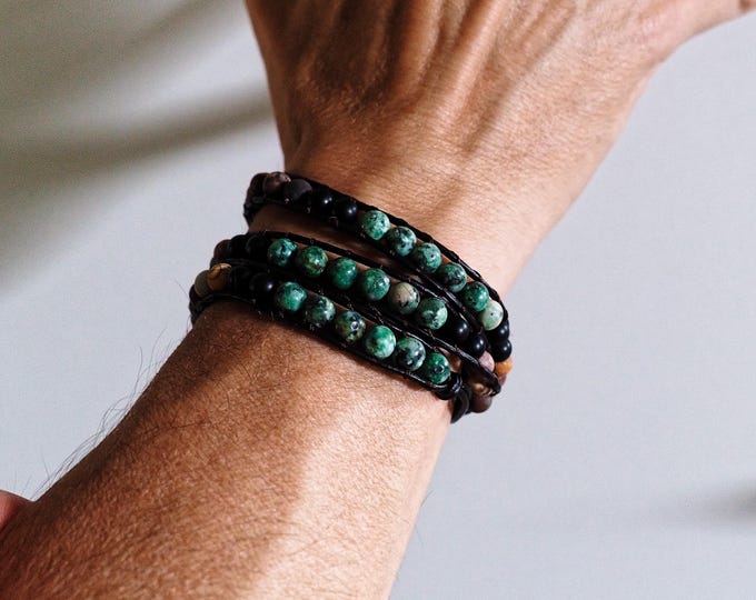 For men - Brown wrap bracelet with Africa turquoise, wrap bracelet, wrap bracelet by Piera Romeo