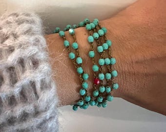 Crochet Wrap Bracelet or Necklace: Turquoise Czech Glass, Bronze Wire