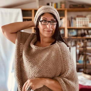 Hand made chunky Knit Asymmetrical Poncho - natural honey natural beige - Cozy Fall & Winter Wrap - Boho Knitwear