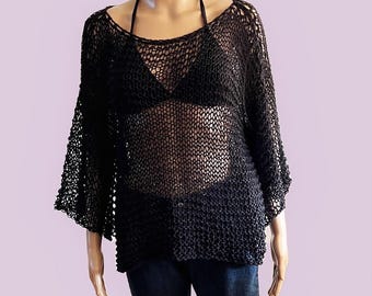 BLACK  linen tunic 3/4 sleeves by PieraRomeoDesign