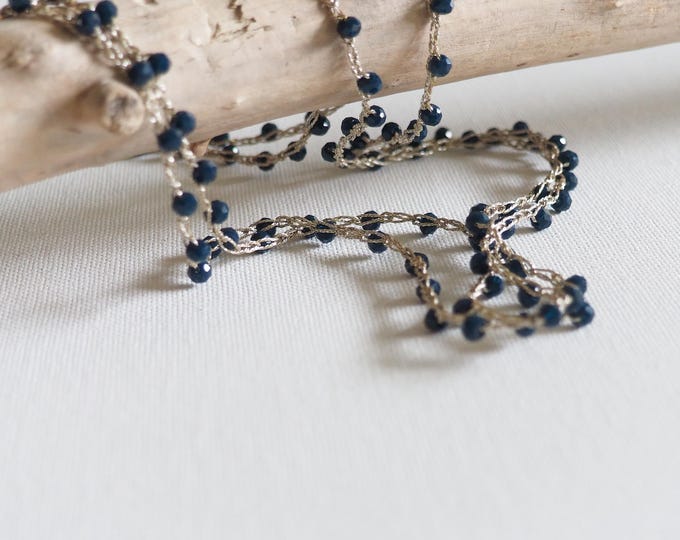 Blue and gold Long crochet necklace with golden thread and crystals, Textile jewel by Piera Romeo