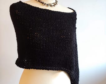 Hand made chunky Knit Asymmetrical Poncho - natural black - Cozy Fall & Winter Wrap - Boho Knitwear