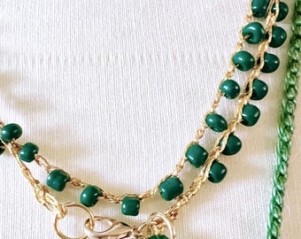Golden thread and Green crochet necklace,  Crochet necklace, choker, wrap bracelet