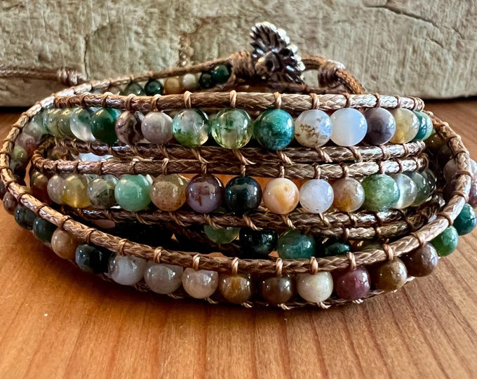 Brown wrap bracelet with green tone stones, wrap bracelet, wrap bracelet by Piera Romeo