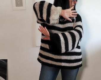 Handmade Striped Sweater - Striped Alpaca Wool Sweater - Itch free Knit Pullover with Wide Sleeves - Black and beige chunky Knit Jumper