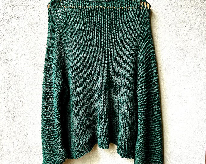 Forest green cotton sweater, long sleeves hand knit green sweater by Piera Romeo