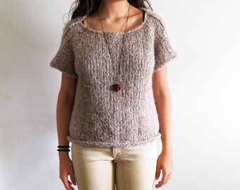 Mohair and Alpaca soft sweater, short sleeves, slipover tee, hazelnut beige top, warm and light, new design