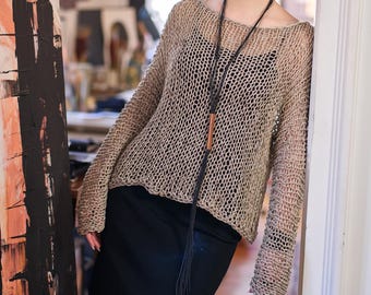 Oversized knitted sweater with long sleeves, Knitted Linen tunic, long sleeves top, cord color, ecru color, large round neck, relaxed fit