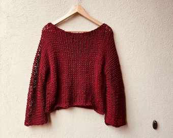 Wool open knit sweater in dark red
