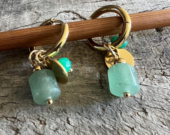 Stainless dainty golden earrings with green stones