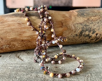 Crochet necklace /  crystals / bijoux for her / gift for women / long necklace / textile necklace