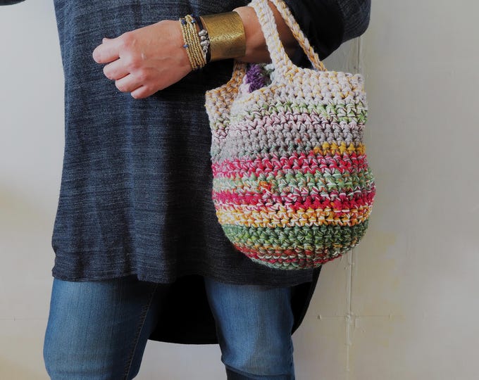 Crochet bag, free form crochet, bucket bag, green shades