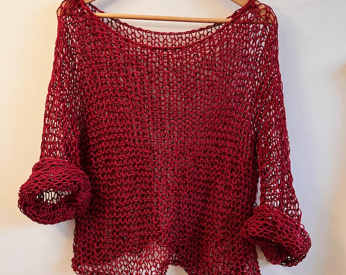 Burgundy Summer sweater, loose knit sweater, cotton and NO ACRYLIC