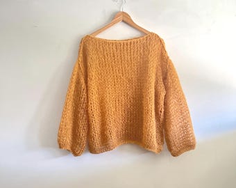 Mohair knit sweater - hand knitted Oversized Pullover - Lightweight Airy Jumper - Cozy Boho Knitwear for Women - Fall Winter 2026 - honey