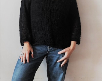 Handmade Black Alpaca Wool Sweater – Soft Knit Pullover – Cozy light Jumper – No Acrylic – Slow Fashion Gift for Her