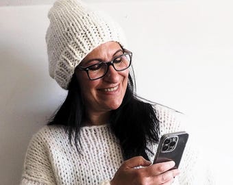 Handmade Chunky Knit Wool Beanie: Cream White Slouchy Winter Hat