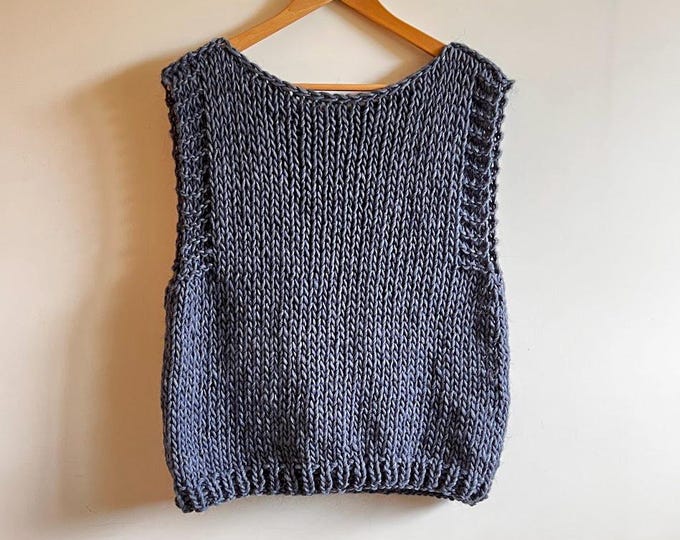 Emma in blue denim,  vest, alpaca and wool vest
