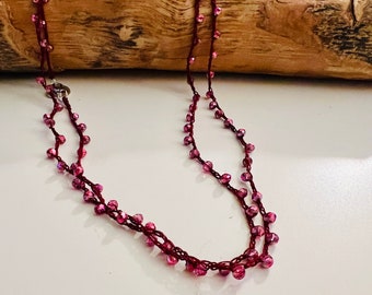 Crochet necklace / burgundy thread and crystals / bijoux for her / gift for women / long necklace / textile necklace