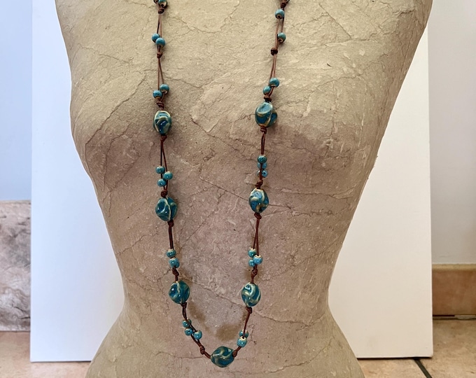 Necklace with azulejo blue ceramic beads, Vintage boho chic necklace, handmade in Italy, adjustable necklace;