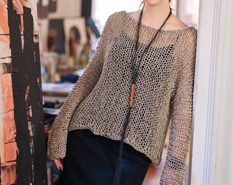 Oversized knitted sweater with long sleeves, Knitted Linen tunic, long sleeves top, cord color, ONE SIZE, large round neck, relaxed fit