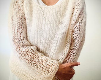 Beige mohair Hand-Knitted Sweater: Oversized Boho Knitwear