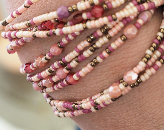 Wrap seed beads bracelet - bronze and pink