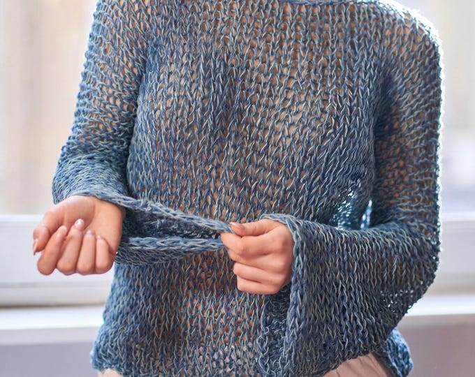Light blue cotton sweater, loose and sheer sweater