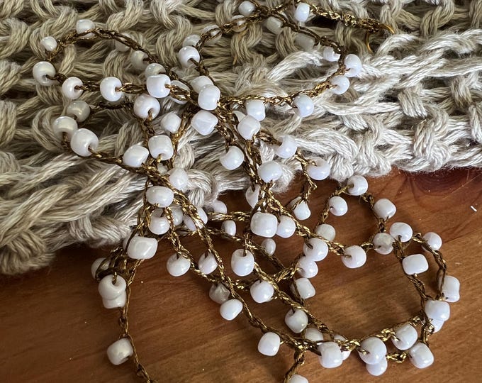 Bronze and white pearl seed beads, wrap crochet bracelet, wrap bracelet, crochet wrap bracelet