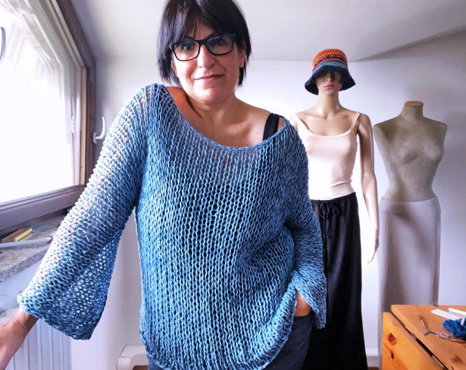 Maglione in lino azzurro, maglione largo e trasparente