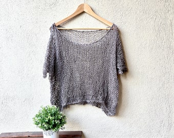 FLORENCE - Linen top, Slouchy and loose knit top in gray