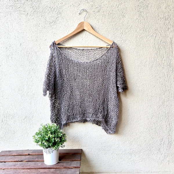 FLORENCE - Linen top, Slouchy and loose knit top in gray