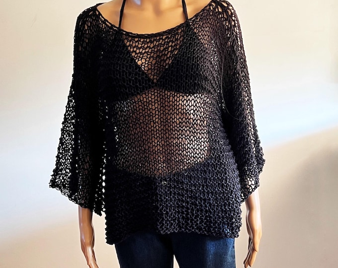 BLACK  linen tunic 3/4 sleeves by PieraRomeoDesign