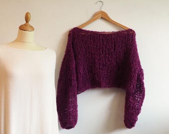 Purple mohair Cropped Sweater with fluffy cloud effect