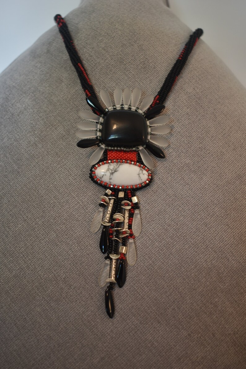 20 Native American inspired pendant on herringbone beaded cord