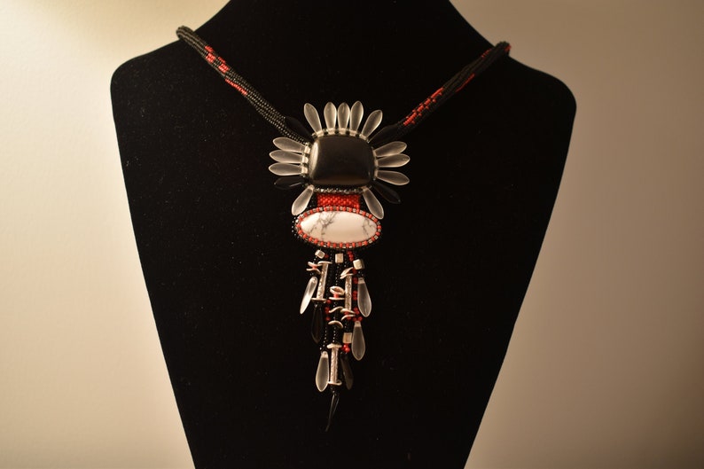 20 Native American inspired pendant on herringbone beaded cord