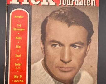 RARE Swedish 1946 Gary Cooper Magazine Fick Journalen, Pride of the Yankees, Marco Polo, Sergent York, High Noon, Wings, The Virginian