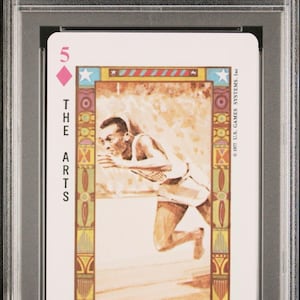 May include: A playing card featuring a watercolor illustration of Jesse Owens in action. The card is from the 1977 U.S. Game System Black History Playing Cards series. The card is graded as Mint 9.